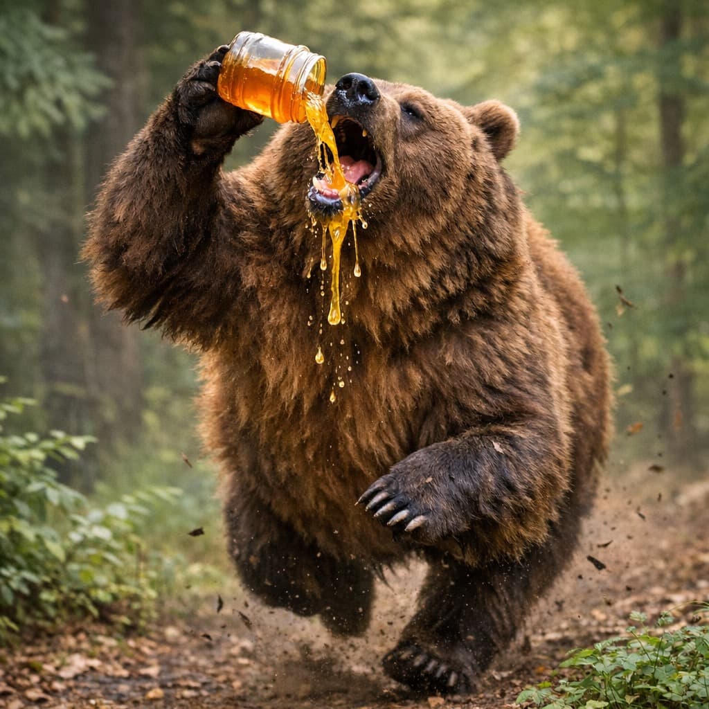 Urs brun bând miere direct din borcan, în pădure